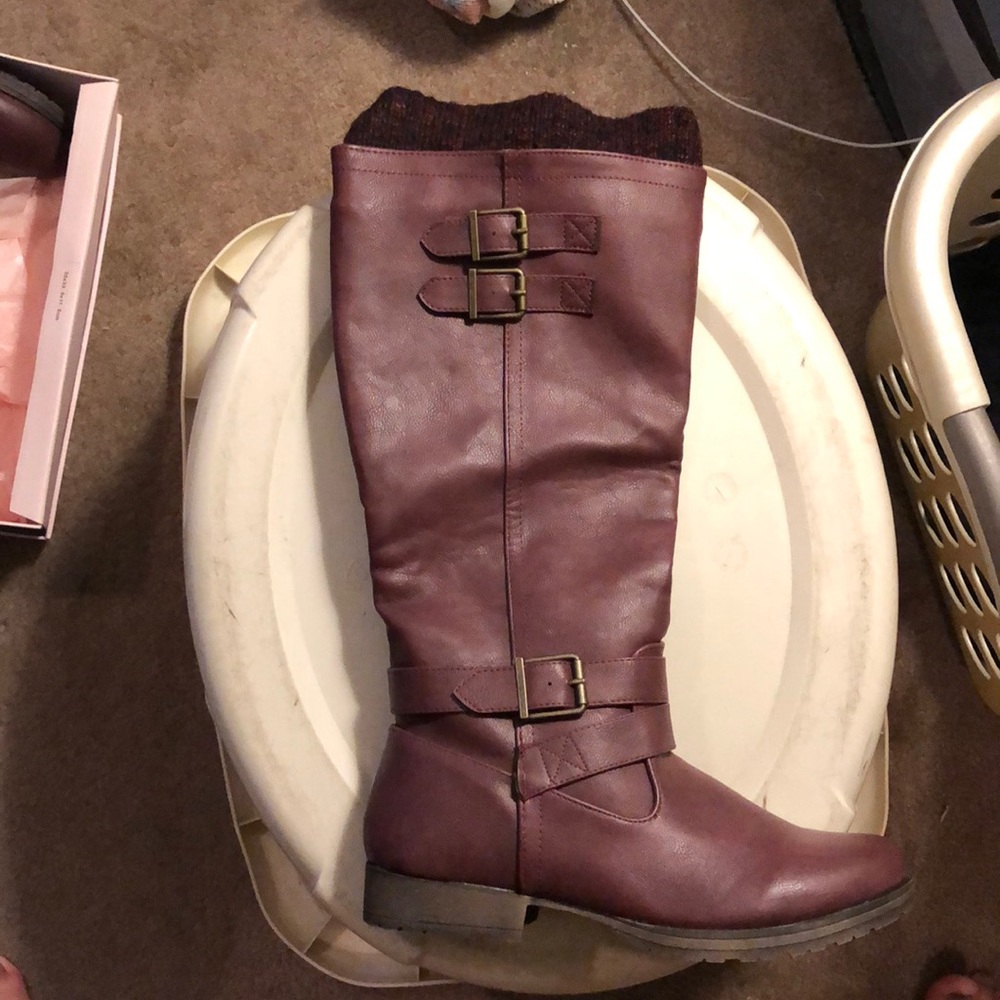Maroon, tall boots.